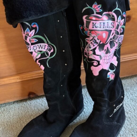 Ladies Ed Harding Black Suede Boots with Faux Fur Trim - Picture 1 of 4